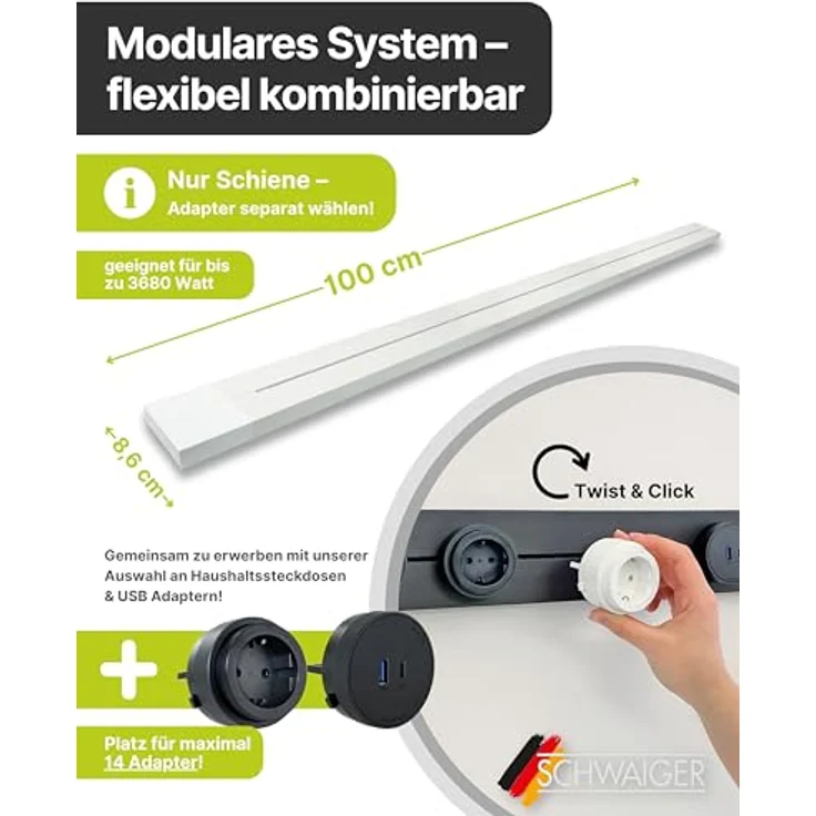 Schwaiger MSLW1000 Stromschiene, modulare Steckdosenleiste, 100 cm, Weiß, VDE-zertifiziert – Bild 3