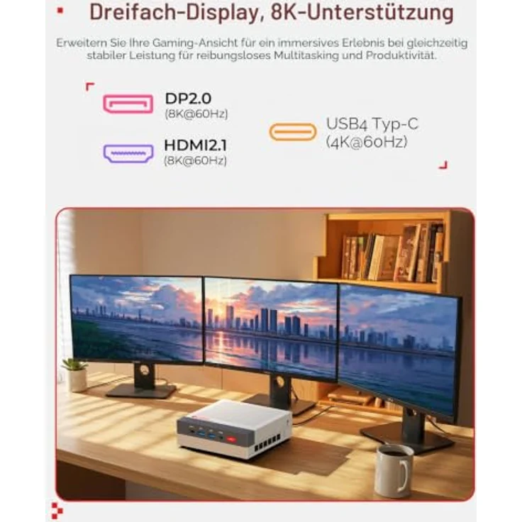 ACEMAGIC Retro X3 Mini PC, AMD Ryzen 7 H 255, 16GB LPDDR5 RAM, 1TB SSD, Rot-Weiß, Triple Display, WiFi 6E – Bild 4