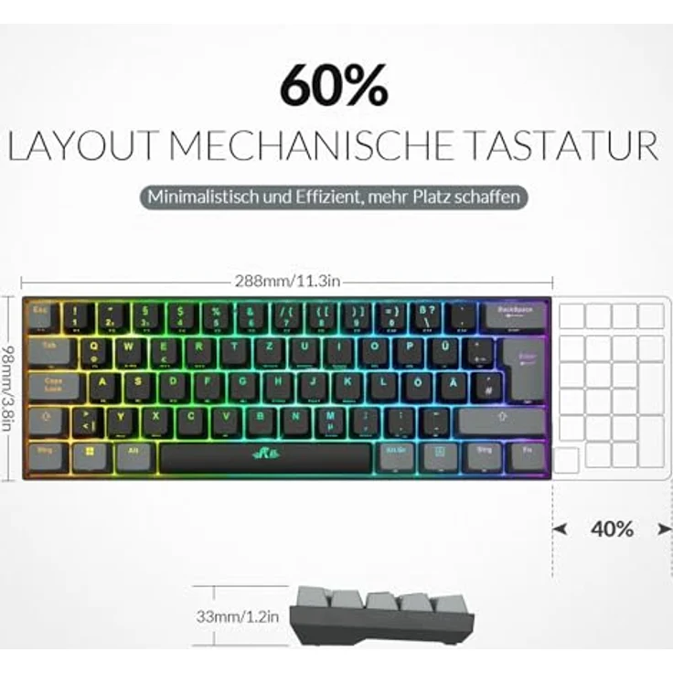 Rii Mechanische Gaming Tastatur, 60% Kabellos mit RGB Beleuchtung, Rote Schalter und N-Key Rollover für PC/Laptop/PS4/PS5, QWERTZ, Schwarz Grau (Bluetooth/2.4G/Kabel) – Bild 4