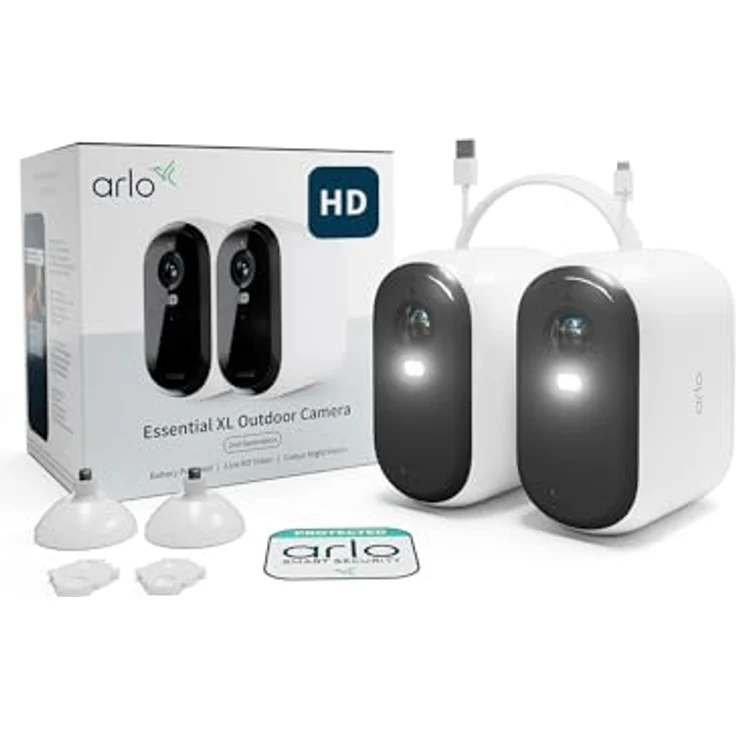 Arlo Essential 2 HD XL Überwachungskamera Aussen WLAN, Bis Zu 2 Jahre Schutz, Kabellos, 1080p Video, Farbnachtsicht, Licht, Bewegungsmelder, Sirene, 2-Wege Audio + Arlo Secure Plan Testzeitraum, Weiß – Bild 1