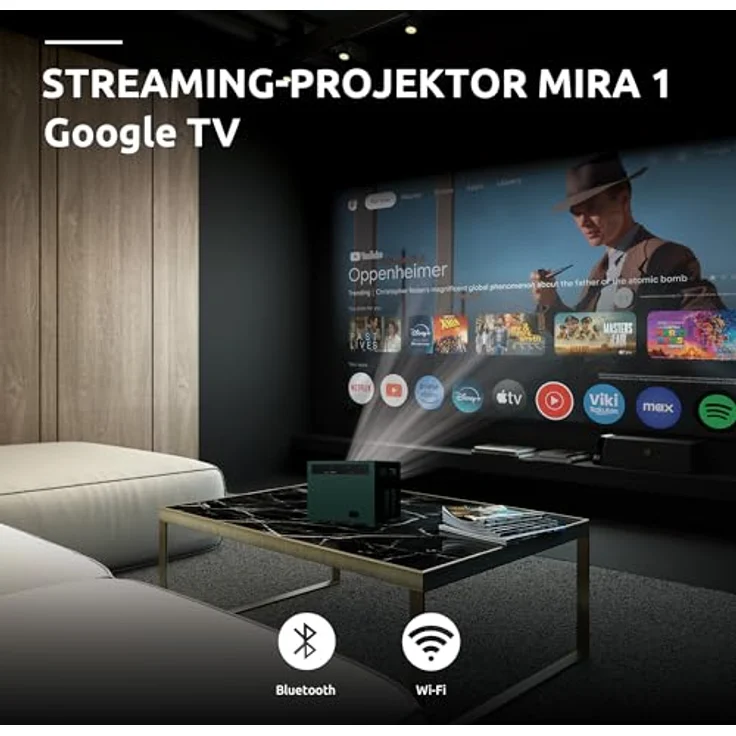 Strong Mira 1, Full HD Beamer mit 300 ANSI Lumen, tannengrün und schwarz, Google TV, 40-150 Zoll Projektionsgröße – Bild 3
