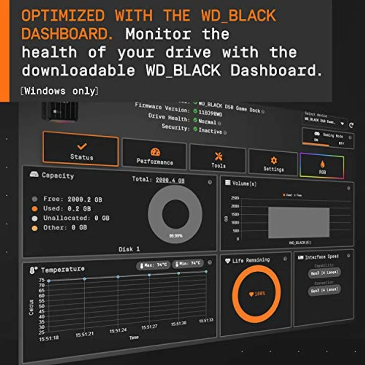 WD_BLACK D50 Game Dock 2 TB (2x Thunderbolt 3 Anschlüsse, DisplayPort 1.4, 2x USB-C, 3x USB-A, Audio Ein/Aus und Gigabit Ethernet anpassbare RGB-Beleuchtung) schwarz – Bild 5