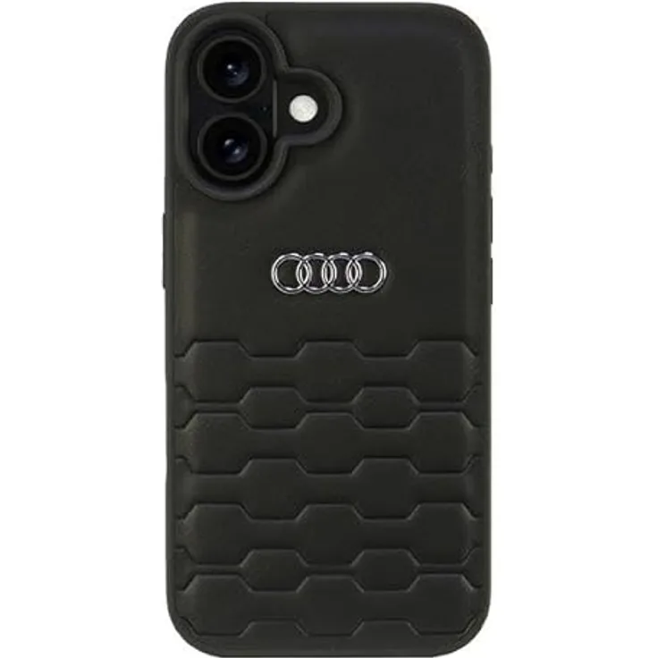 Audi Handyhülle iPhone 16, Kunstleder schwarz mit Metall-Logo, 6,1 Zoll, stoßfest und passgenau