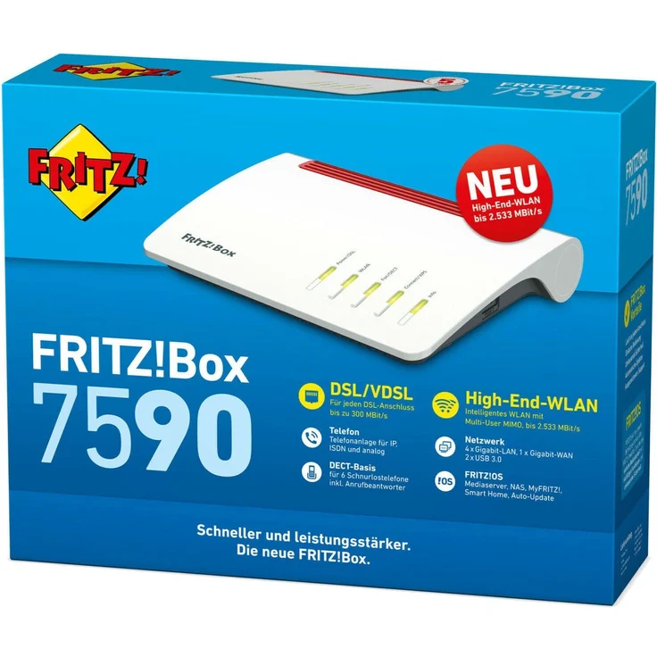 AVM FRITZ!Box 7590 Dual-Band WLAN DECT Router WLAN-Router, High-Speed-WLAN, Gigabit WAN, Telefonanlage, 4K WiFi, schwarz