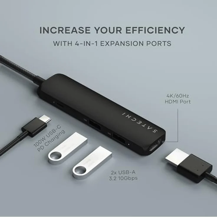 SATECHI 4-in-1 USB-C Hub Slim Plus, Multiport-Adapter, Dockingstation mit 4K HDMI, 100W Power Delivery, 2X USB-A Datenports - Schwarz – Bild 2