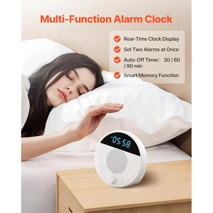 VEVOR Einschlafhilfe White Noise Machine, 18 Musiktitel, 7-farbiges Nachtlicht, 6-in-1-Soundmaschine mit zwei Alarmen, APP und automatischem Abschalttimer – Bild 6