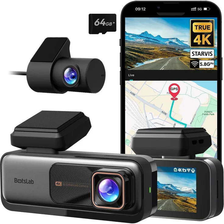 BOTSLAB G980H, 4K Dashcam Auto Vorne Hinten mit GPS, WiFi, Dual Autokamera, 64GB SD Karte, ADAS, Nachtsicht, 170° Weitwinkel, WDR, 2,45"