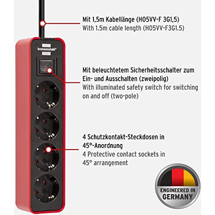 Brennenstuhl Ecolor Steckdosenleiste 4-fach (Steckerleiste mit Schalter und 1,5m Kabel) rot-schwarz – Bild 2