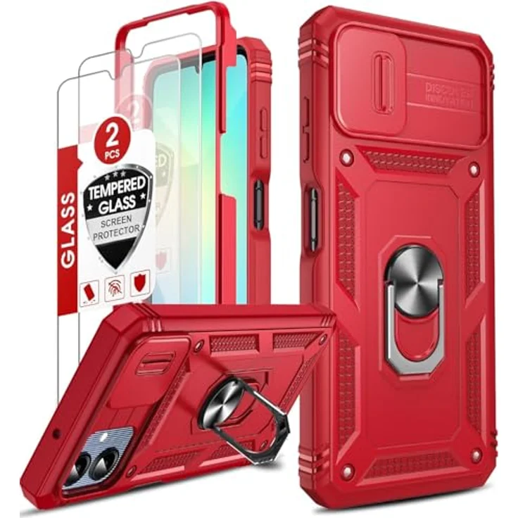 LeYi Kameraschieber Handyhülle für Samsung Galaxy A06, Militärschutz Case mit Schiebekamera Abdeckung und 360° Metallring, stoßfest, rot, inklusive 2 Displayschutzfolie Glas – Bild 1