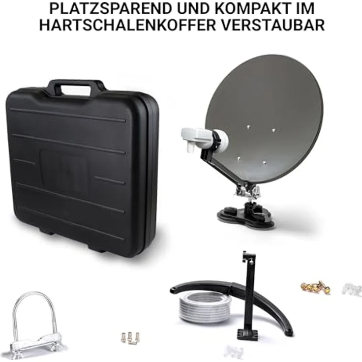 Xoro 38,5 cm Camping Satellitenantenne MCA 38 HD Set, inkl. Single LNB mit integriertem Satfinder, 10m Kabel, Halterungen, im Hartschalenkoffer, Stahlspiegel 38,5 cm, Masthalterung, Wandhalter, 3-Punkte Saugfuss und Standfuss, flexibel positionierbar – Bild 2