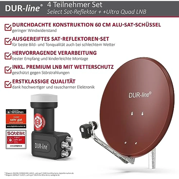 DUR-line Select 60/65 cm Sat Anlage 4 Teilnehmer Komplett Set rot – Bild 2