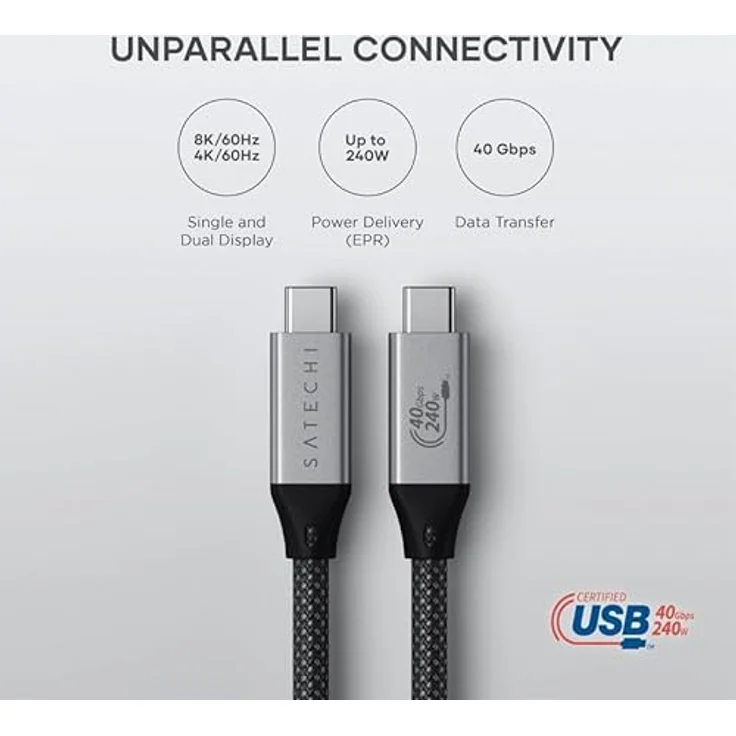 SATECHI USB 4 Pro-Kabel, 8K@60Hz/4K@120Hz, 240W Stromversorgung, 40 Gbps Datenübertragung, Schwarz (4 Fuß) – Bild 2