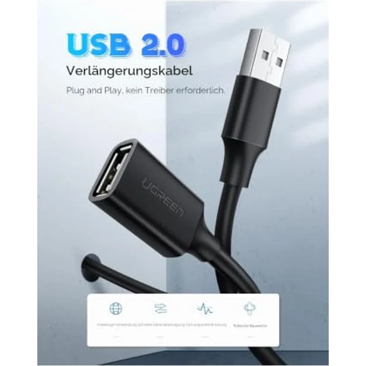 UGREEN USB 2.0 Verlängerungskabel, 5 Meter, schnelle Datenübertragung, schwarz – Bild 3