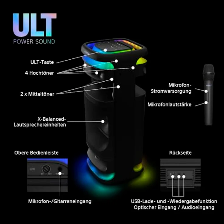 Sony ULT Tower 10 (Netzbetrieb) Bluetooth Lautsprecher, Schwarz, mit X-Balanced Speaker Unit und Partylichtern – Bild 9