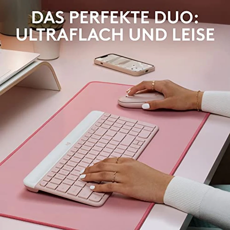 Logitech MK470 Slim Combo Kabelloses Tastatur-Maus-Set - Modernes, kompaktes Layout, Extrem leiser, 2,4-GHz-USB-Empfänger, Plug-n'Play-Konnektivität, Kompatibel mit Windows, Deutsches QWERTZ - Rosa – Bild 3