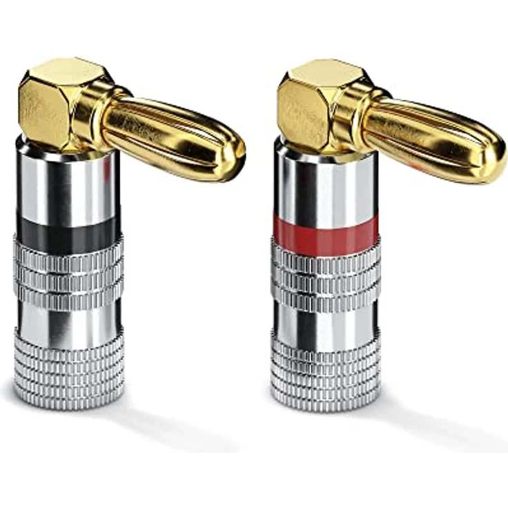 conecto Bananenstecker 4er-Set, 90° gewinkelter Stecker, für alle Lautsprecherkabel mit einem Durchmesser bis max. 6mm², 4 Stück mit Farbcodierung (2x rot, 2x schwarz), 24kt vergoldet – Bild 9