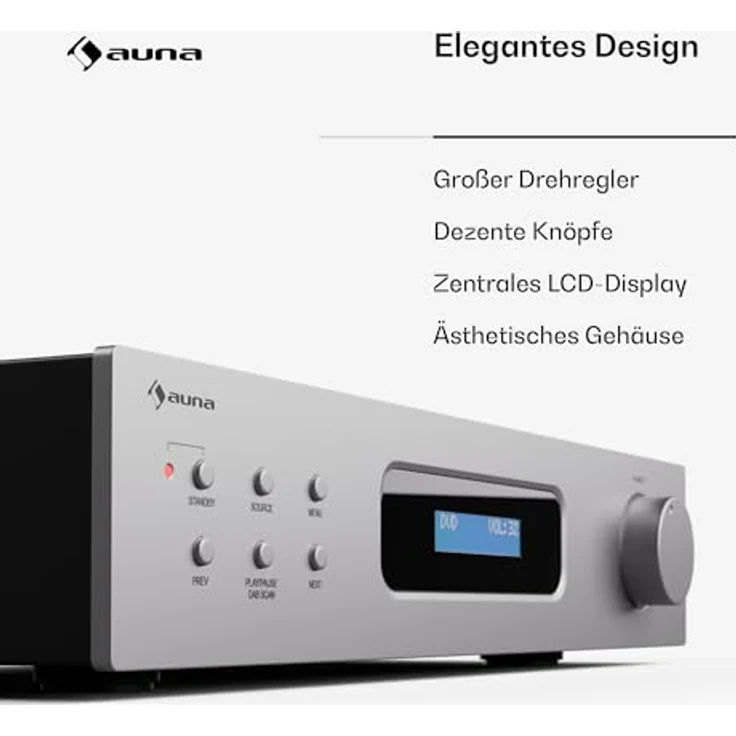 Auna Art22 Verstärker HiFi Stereo, 2x60 W, Bluetooth, DAB+ Radio, FM-Tuner, CD/DVD-Wiedergabe, optische & koaxiale Eingänge, Fernbedienung, kompaktes Design, Weiß-Silber – Bild 7