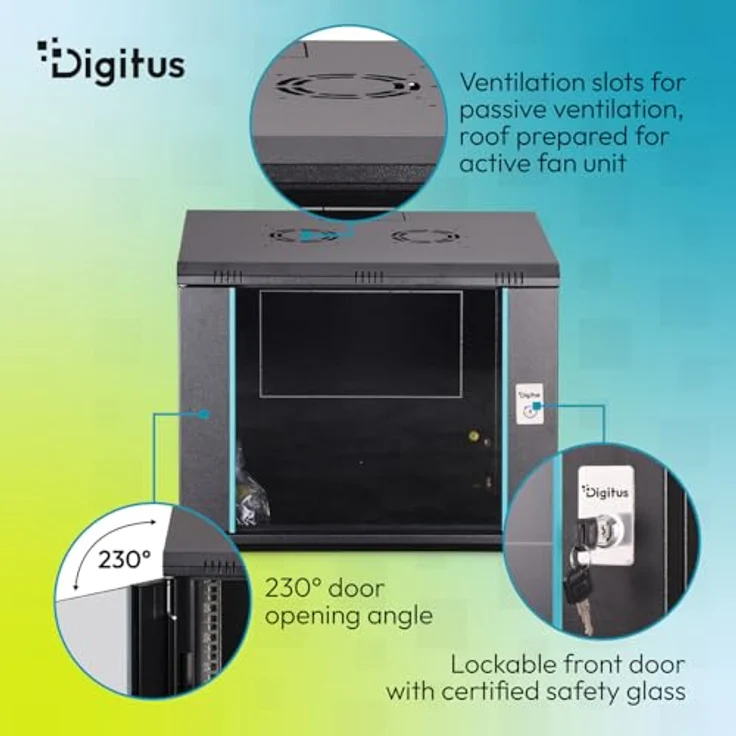 DIGITUS Netzwerkschrank 19-Zoll Rack 9HE, unmontiert, 450 mm tief, Wandmontage, 60 kg Traglast, schwarze Glastür, Dynamic-N Serie – Bild 4