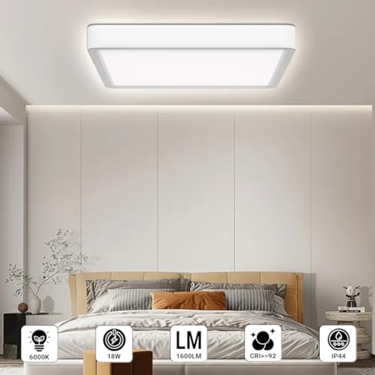 LQWELL Deckenleuchte LED Deckenlampe, IP44 Wasserfest Badlampe Quadrat Flach 18W 6000K 1600LM Moderne Lampe für Badezimmer Küche Büro, 220*24mm – Bild 2