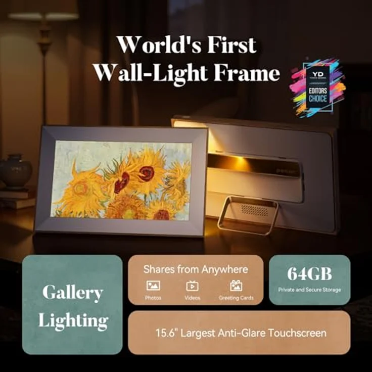 Pexar Starlight 15,6" Digitaler Bilderrahmen, 1920x1080 Touchscreen, 64 GB Speicher, App-gestützes Teilen, entspiegelter Bildschirm mit Galeriebeleuchtung – Bild 2