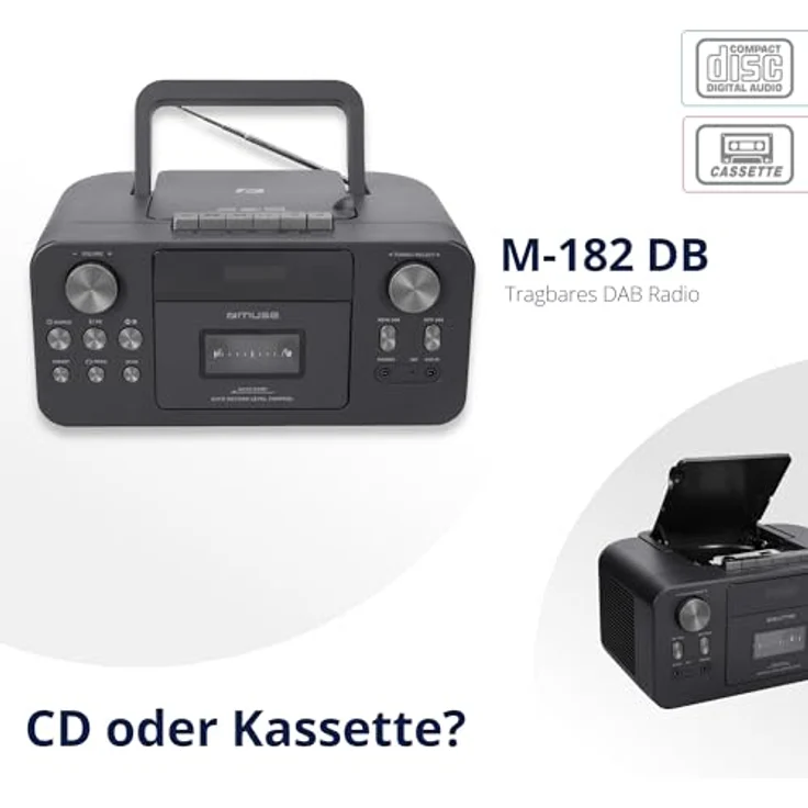 MUSE Tragbares DAB+ Radio mit Bluetooth CD-Player, Kassettenspieler, UKW, Kopfhörer-Eingang, AUX-In, LCD Display, Musik-Streaming, Schwarz (M-182DB) – Bild 2