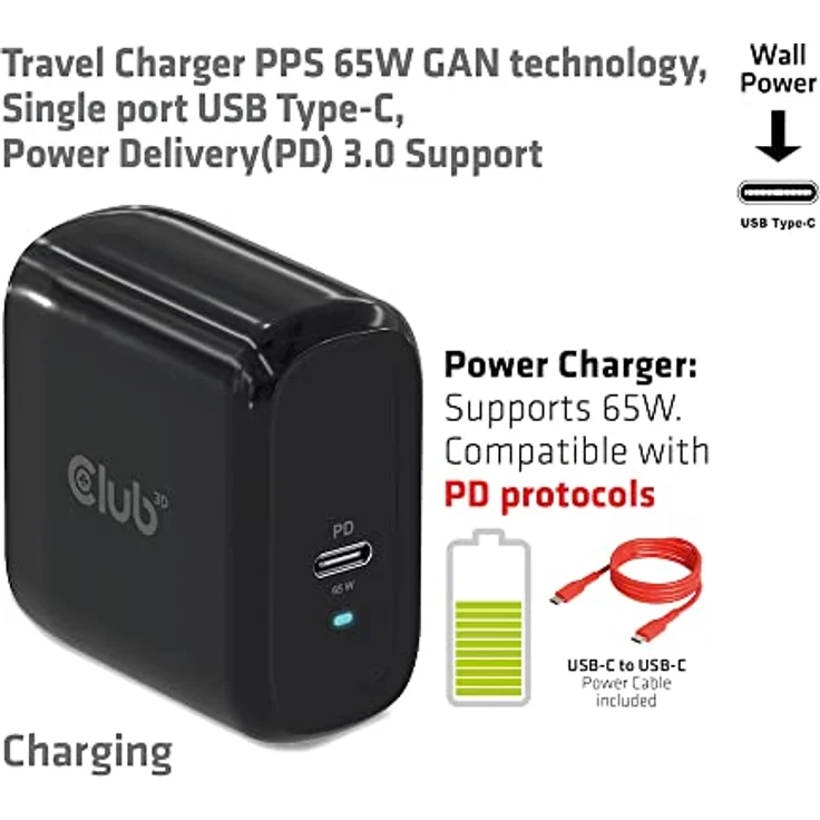 CLUB3D Travel Charger 65W GAN technology Single port USB Type-C Power Delivery(PD) 3.0 Support (CAC-1905EU) – Bild 2