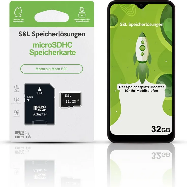 Tec-Expert microSD Karte S&L für Motorola Moto E20, 32 GB, Class 10, hochtemperatur- und wasserdicht, microSDHC