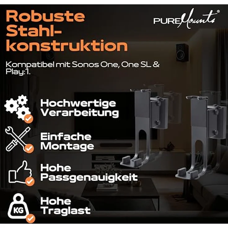 PureMounts PM-SOM-100 Lautsprecher Wandhalterung, kompatibel mit Sonos One, Sonos One SL, Sonos Play:1, Traglast: 3kg, schwarz – Bild 8