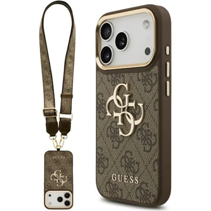 CG MOBILE Guess 4G Classic Logo Hülle mit großem Riemen und Metallknöpfen für iPhone 17 Pro, Kunstleder, Braun – Bild 1