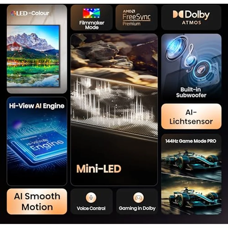 Hisense 75E89Q, 75 Zoll (189cm) 4K ULED Mini LED Smart TV mit 144Hz Game Mode PRO, Built-in Subwoofer und Dolby Vision/Atmos – Bild 3