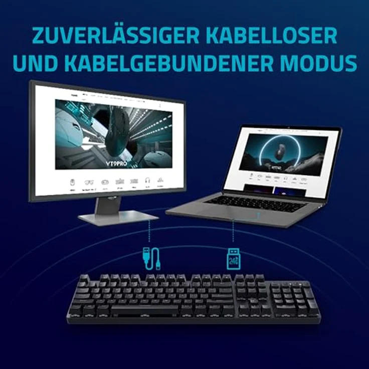 Rapoo V500PRO 2.4 Kabellose mechanische Gaming-Tastatur, 120h Akkulaufzeit, Ultraschlankes Design, Deutsches QWERTZ-Layout - Schwarz – Bild 2