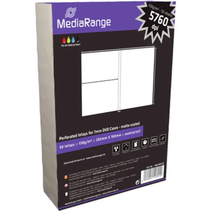 MediaRange DVD Einleger für 7mm Hüllen, Kopierpapier 250, weiß, matt, wasserresistent, 5x50 Blatt