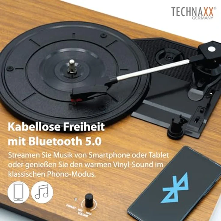 Technaxx TX-188, Bluetooth Plattenspieler mit 3 Geschwindigkeiten, Stereo-Lautsprechern, USB-Digitalisierung, RCA-Ausgang und AUX-IN, Retro-Design – Bild 2