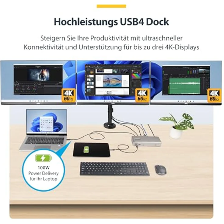 StarTech USB-C-Dockingstation (USB4), Dreifach 4K60Hz-Monitore, 100W Laptop-Ladung, 2,5GbE, nicht für macOS – Bild 3