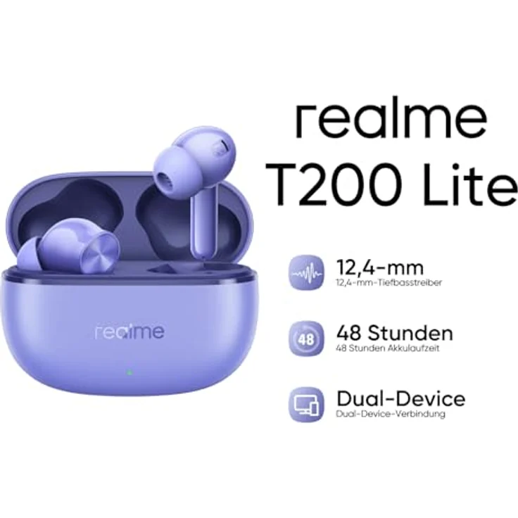 realme Buds T200 Lite, echte kabellose In-Ear-Kopfhörer mit 12,4 mm Treiber, 48 Stunden Akkulaufzeit, IPX4, ENC, Bluetooth 5.4, Google Fast Pair (Sturmgrau) – Bild 2