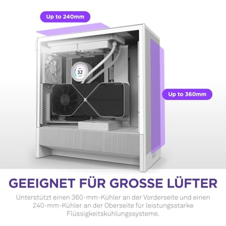 NZXT H5 Flow – Kompaktes ATX-Midi-Tower-PC-Gaming-Gehäuse – Hoher Luftstrom – mit 2 x 120 mm Lüfter – 360 mm vorne & 240 mm – Weiß – Bild 4