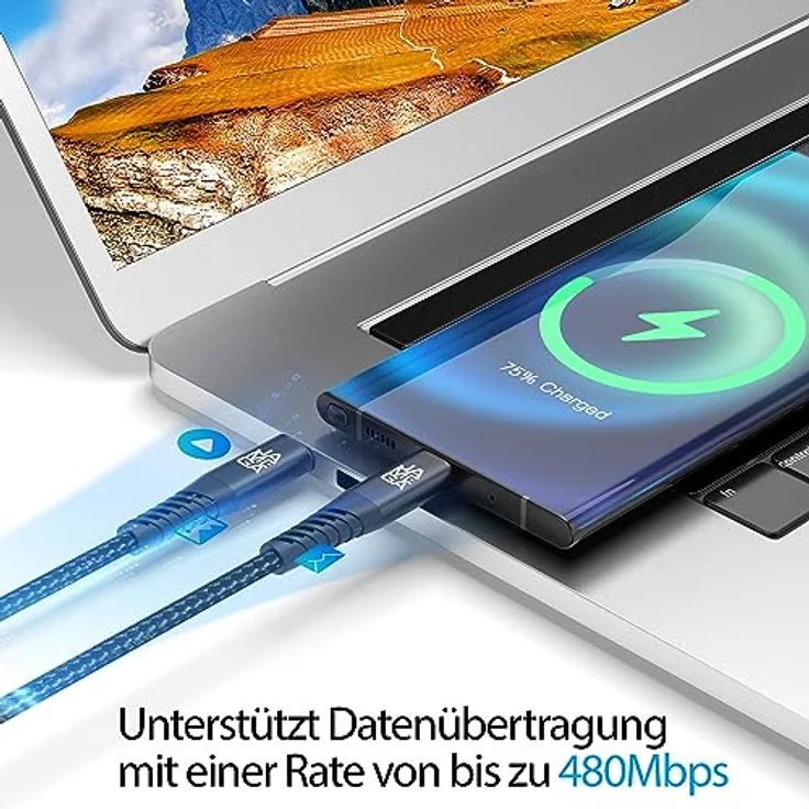 JAMEGA - USB Typ C Kabel Schwarz 2m | Fast Charge Sync für iPhone 15 Pro Max iPad Pro Air Samsung Macbook Tablets Huawei – Bild 2