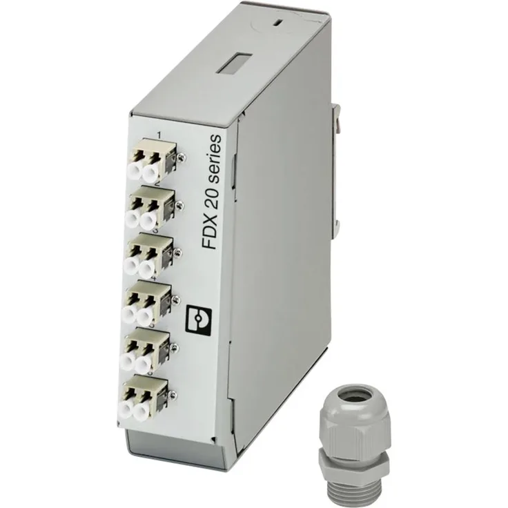 Phoenix Contact FOC-FDX20-PP-LCD6-OM4-PT9, LWL-Spleißbox, Tragschienenmodul mit IP20 Schutzart, graues Metallgehäuse, Kabelabgang oben und unten