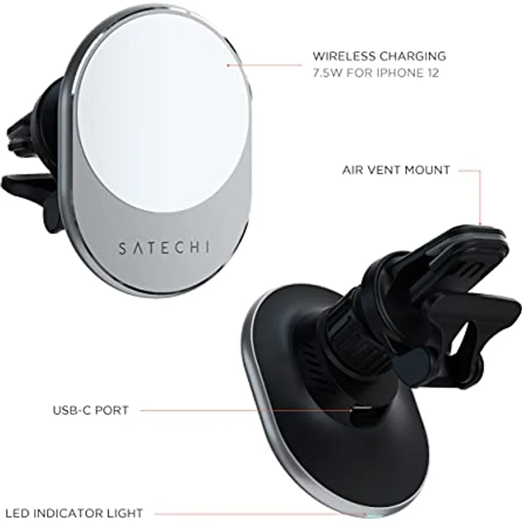 SATECHI Magnetisches kabelloses Autoladegerät (Qi Wireless Charging) 7,5W Lüftungshalterung - Kompatibel mit iPhone 15 Pro Max/15 Pro/15/15 Plus, 14 Pro Max/14 Pro/14/14 Plus, 13 Pro Max/13 Pro – Bild 5