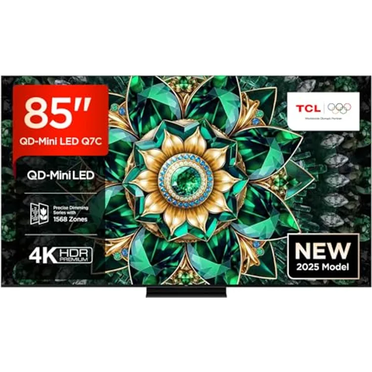 TCL 85Q7C 85 Zoll QD-Mini LED Fernseher, 4K HDR Premium 3000, Smart Google TV, Dolby Vision IQ & Atmos, HVA Panel, Audio von Bang & Olufsen, 144Hz Motion Clarity Pro, Game Master