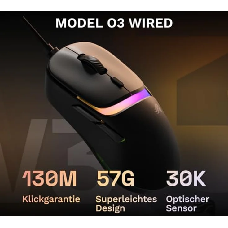 GLORIOUS Model D3 Wired-Gaming-Maus, ultraleicht (57 g), 30K-DPI BAMF-3.0-Sensor, optische Klick-Switches (130 Mio. Klicks), RGB-Design, für alle Griffarten – Schwarz – Bild 2