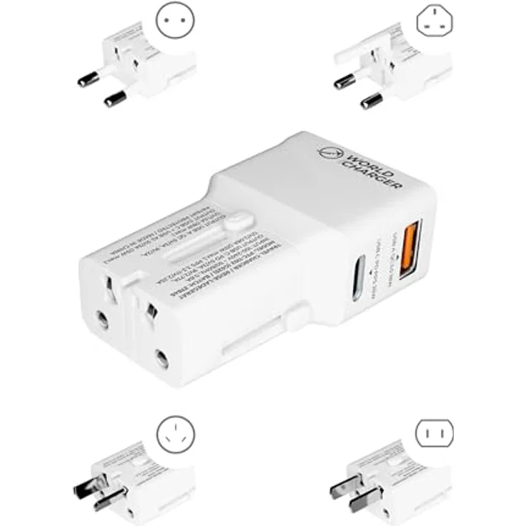 Prio Fast Charge World Reiseladegerät 25W PD PPS (USB C) + QC 3.0 (USB A), weiß, kompatibel in über 220 Ländern, mit Reisetasche