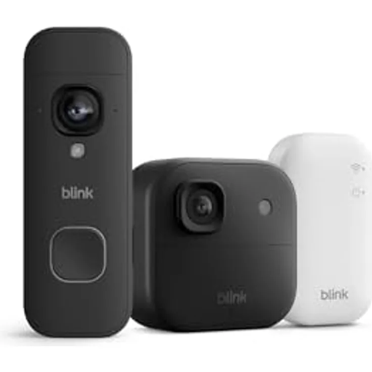 Blink Outdoor 2K+ Kamera und Blink Videotürklingel 2K+ (neueste Generation), Schwarz, mit Sync Module Core, 2K Videoauflösung, Wetterbeständig, Geräuschunterdrückung, Lange Batterielaufzeit