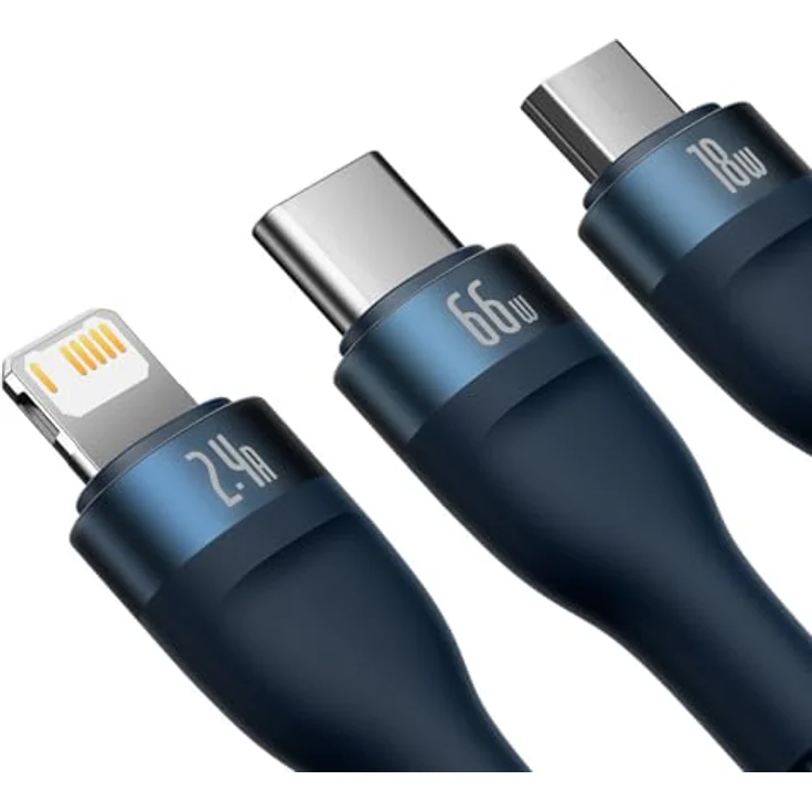 Baseus Flash Serie II 3-in-1 Schnellladekabel USB-A zu USB-C/Micro-USB/Lightning, 66W, 480Mb/s, 1,2m, Blau – Bild 4