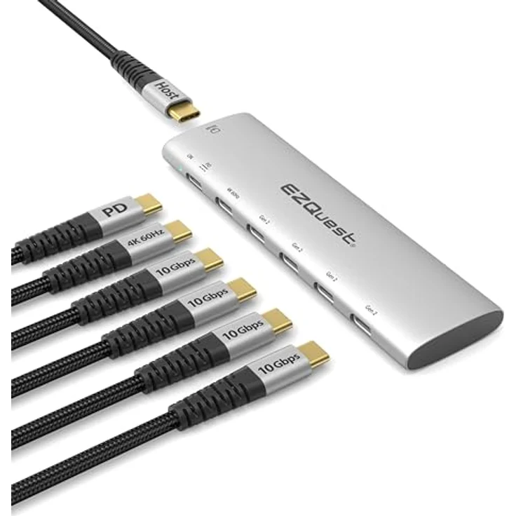 EZQuest USB-C Slim Gen 2 Hub Adapter 6-in-1 4K/60Hz Video, 10 Gbit/s Gen 2, 100 W Power Delivery 3.0, Nylonkabel – Bild 1