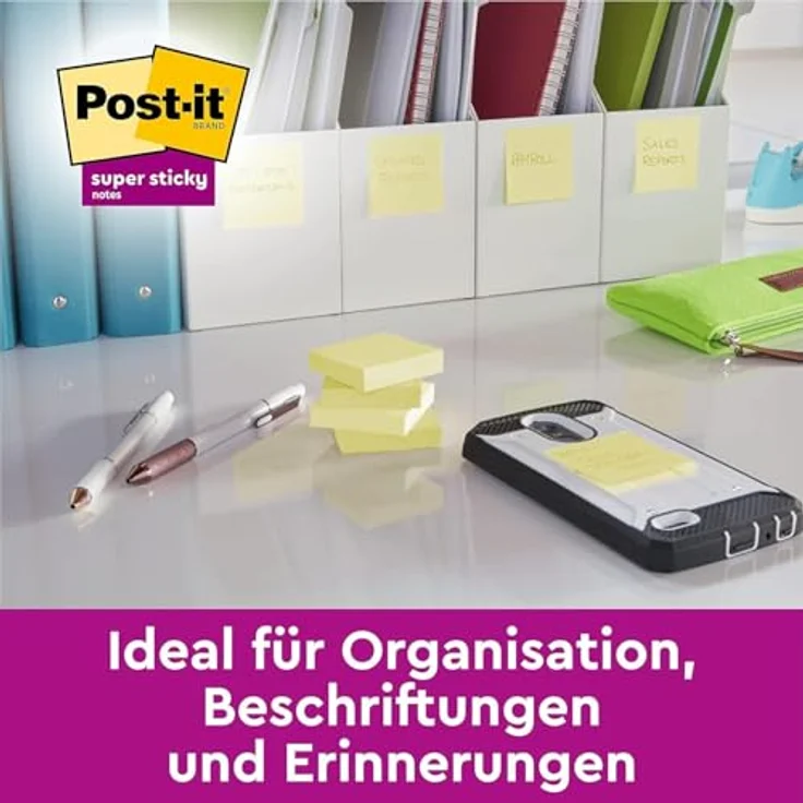 Post-it Super Sticky Haftnotizblock 654-12SYP, 76 x 76 mm, kanariengelb, 90 Blatt, haften auf nahezu allen Oberflächen – Bild 4