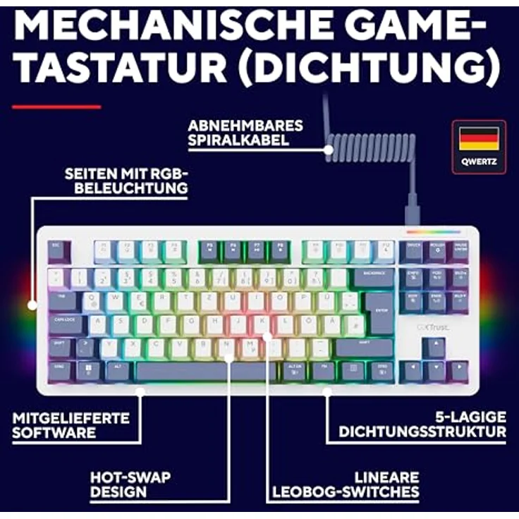 Trust Gaming GXTrust 872 Xyra Gasket TKL Mechanische Tastatur QWERTZ, Hot-Swap, RGB Beleuchtung, 5-pin Leobog Linear Schaltern, Weiß – Bild 2