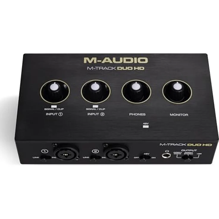 M-Audio M-Track Duo HD Producer Pack, 2-Kanal USB Audio Interface mit M100 Kondensatormikrofon und HDH41 Studio Monitoring Kopfhörern für Aufnahmen, 24-Bit/192kHz, schwarz – Bild 10