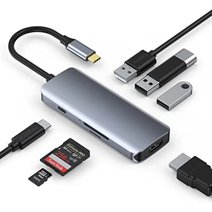 USB C Hub, 7-in-1HDMI USB C Adapter with 4K HDMI, 3 USB 3.0, 100W USB C Power Delivery, SD/TF Cards Reader for MacBook Pro/Air, iPad Pro, XPS and More Type C Laptops