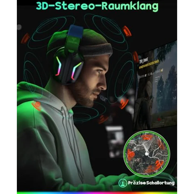 WESEARY Gaming Headset Wireless mit Mikrofon, immersiver Stereo-Sound, bis zu 60 Stunden Akkulaufzeit, RGB-Beleuchtung für PS5 PS4 PC Switch Handy – Bild 2